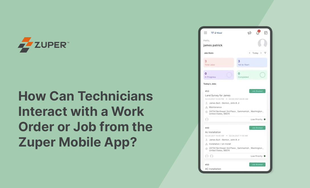 Zuper mobile app dashboard showing technician job stats, today's scheduled work orders, and job status indicators