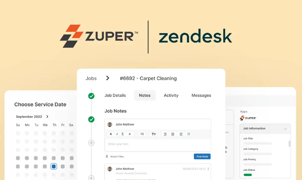 Zuper job scheduling interface in Zendesk showing carpet cleaning job notes, service date calendar, and job details panel