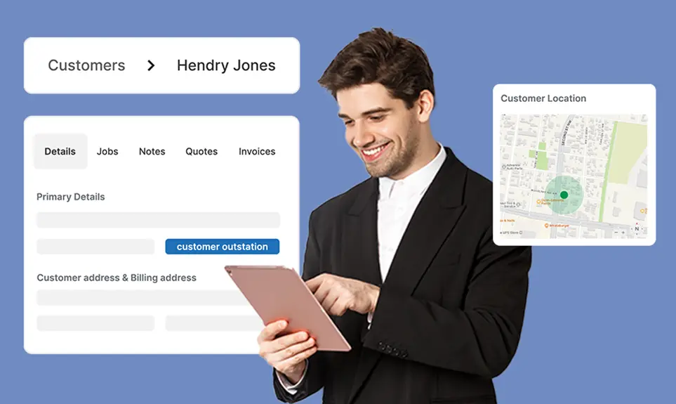Businessman using tablet to view customer profile with job details, notes, quotes, and location map