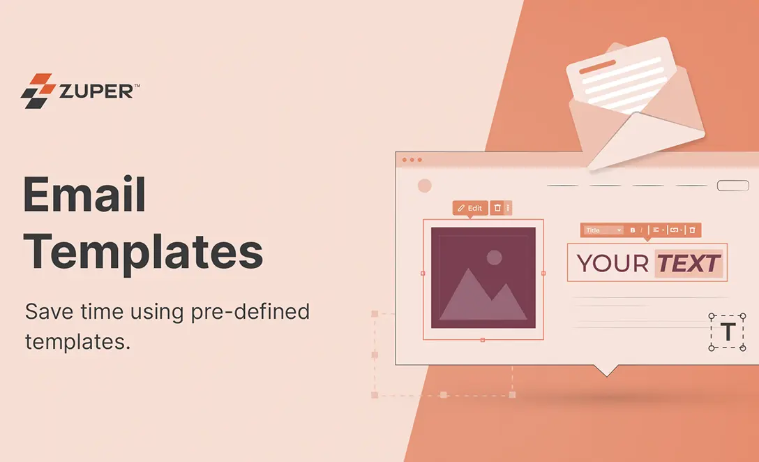 Email template editor interface with image placeholder, text formatting tools, and envelope icon