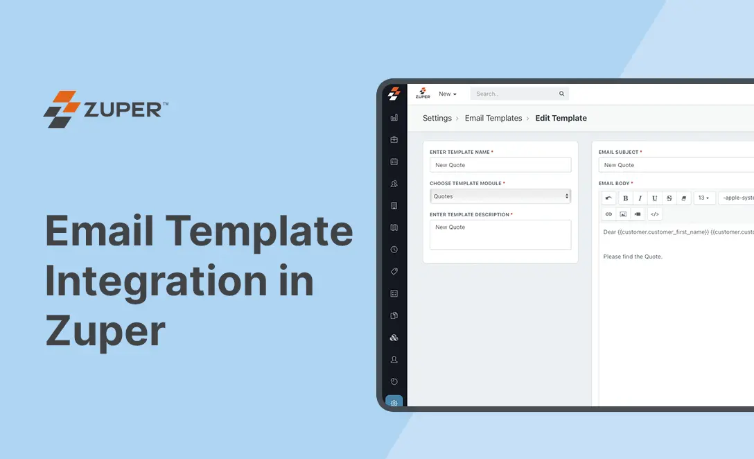 Zuper email template editor showing quote module configuration with customizable subject line and body fields
