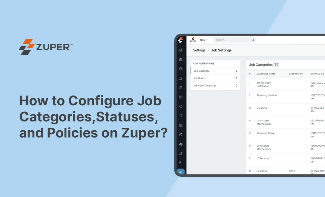 Zuper Job Settings screen showing job categories list with options to configure statuses and card templates