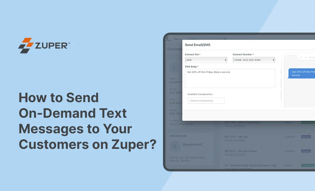 Zuper SMS interface showing a promotional text message being composed with contact selection and message preview