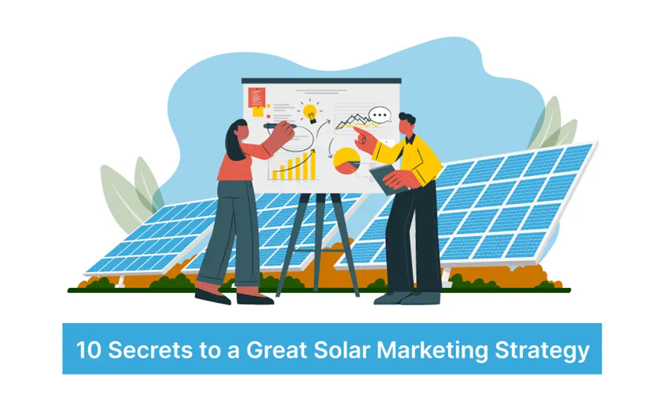 Two professionals analyzing charts and growth metrics on a presentation board flanked by solar panels