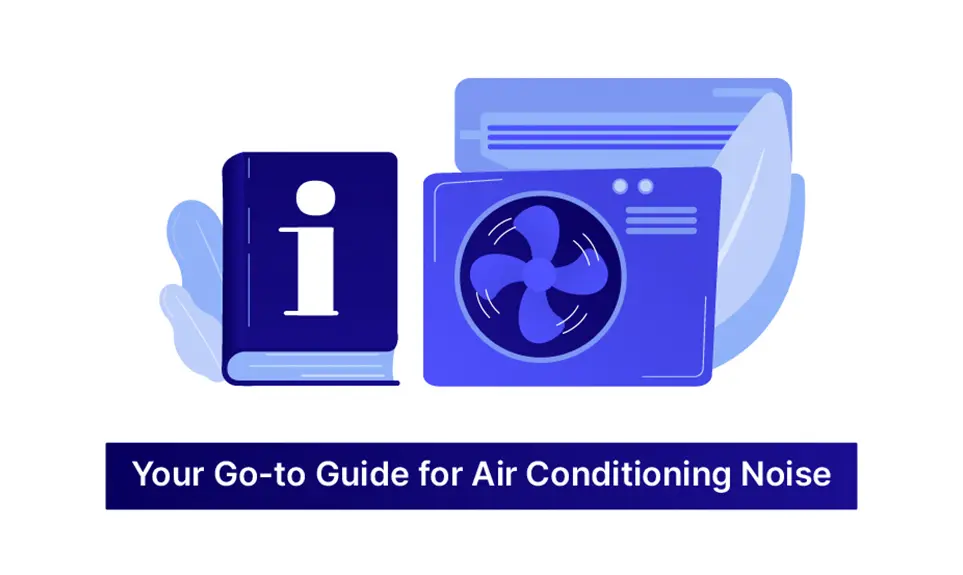 Guide book with information symbol next to an air conditioning unit with spinning fan blades