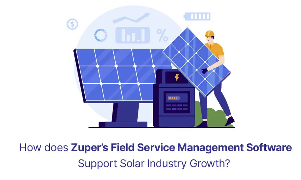 Technician carrying solar panel next to installed panel array and battery storage system with growth metrics icons