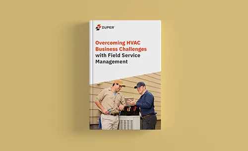 Ebook cover showing two HVAC technicians discussing service at an outdoor AC unit for field service management guide