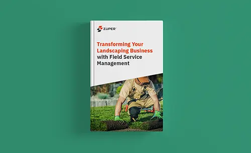 Landscaping technician laying sod with Zuper field service management eBook cover