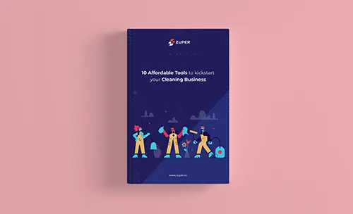 Ebook cover showing cleaning professionals with equipment for 10 Affordable Tools to Kickstart Your Cleaning Business