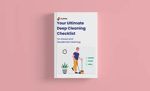 Illustrated guide cover showing a person mopping near a checklist and plant for house deep cleaning