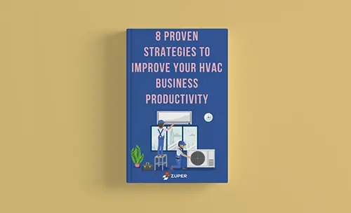 Blue eBook cover titled "8 Proven Strategies to Improve Your HVAC Business Productivity" by Zuper