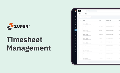 Zuper timesheet management dashboard displaying employee time entries with names, dates, and work hours in a table view