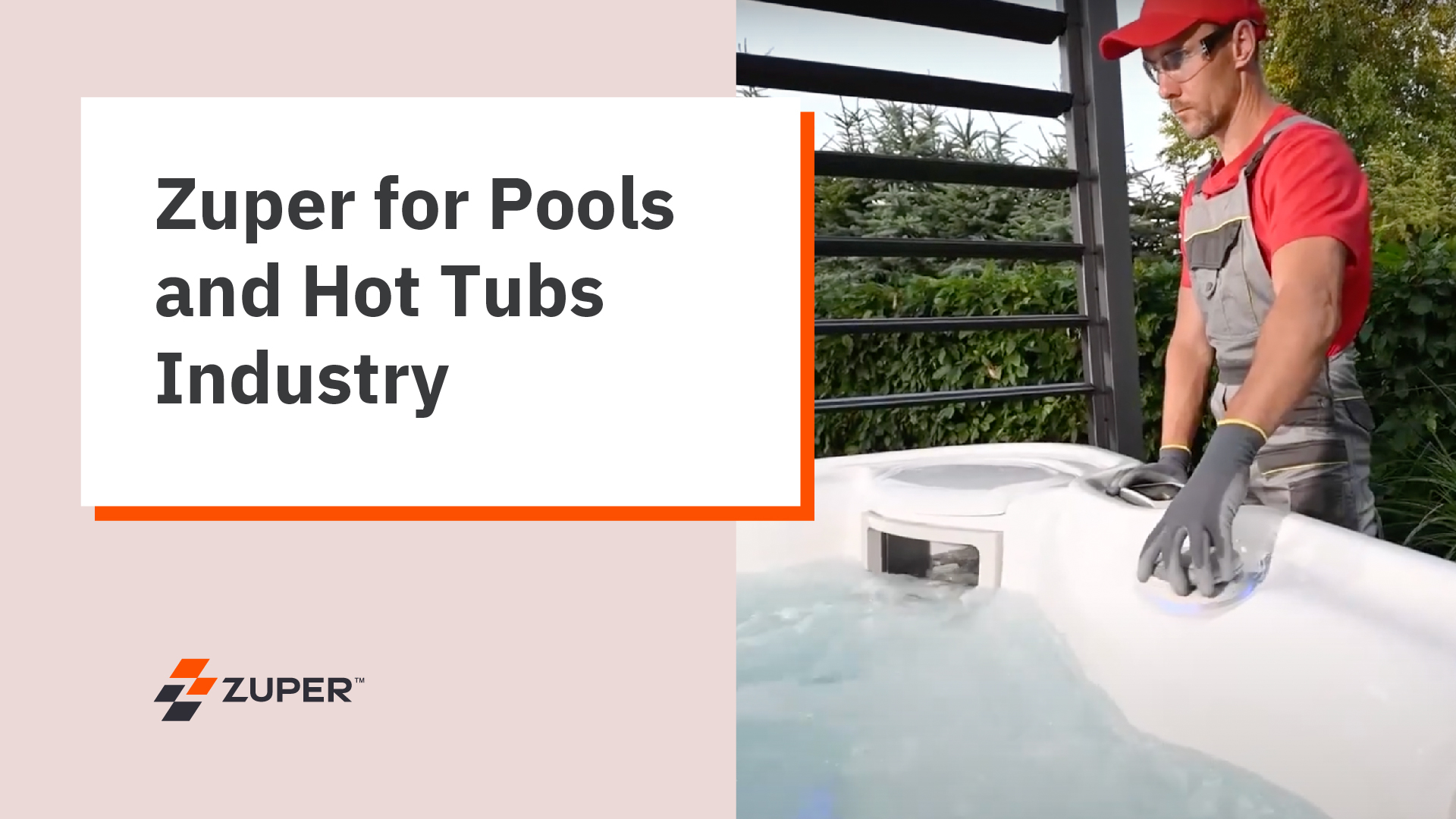 Pool service technician inspecting hot tub filter and water quality at outdoor residential installation