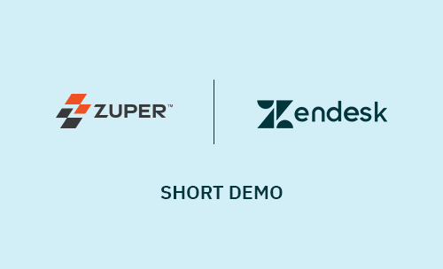 Zuper and Zendesk logos side by side indicating integration partnership for short demo