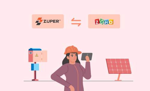 Field technician with tablet viewing Zuper and Zoho integration for solar panel installation job management