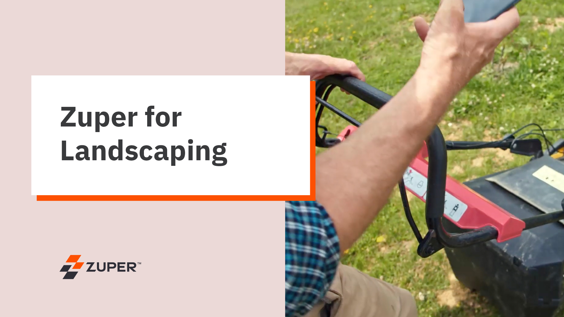 Landscaper operating a lawn mower while checking a mobile device in the field