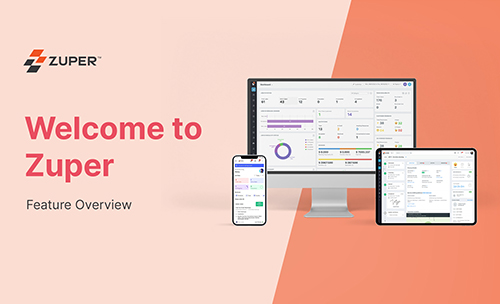 Zuper dashboard on desktop, tablet, and mobile showing scheduling, job tracking, and analytics for field service teams