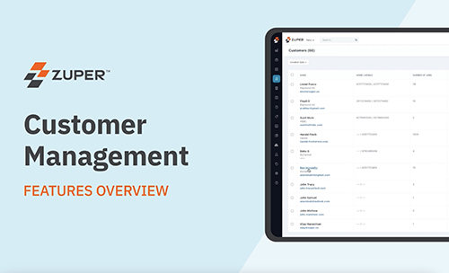 Zuper customer management dashboard displaying a searchable list of customer records with contact details