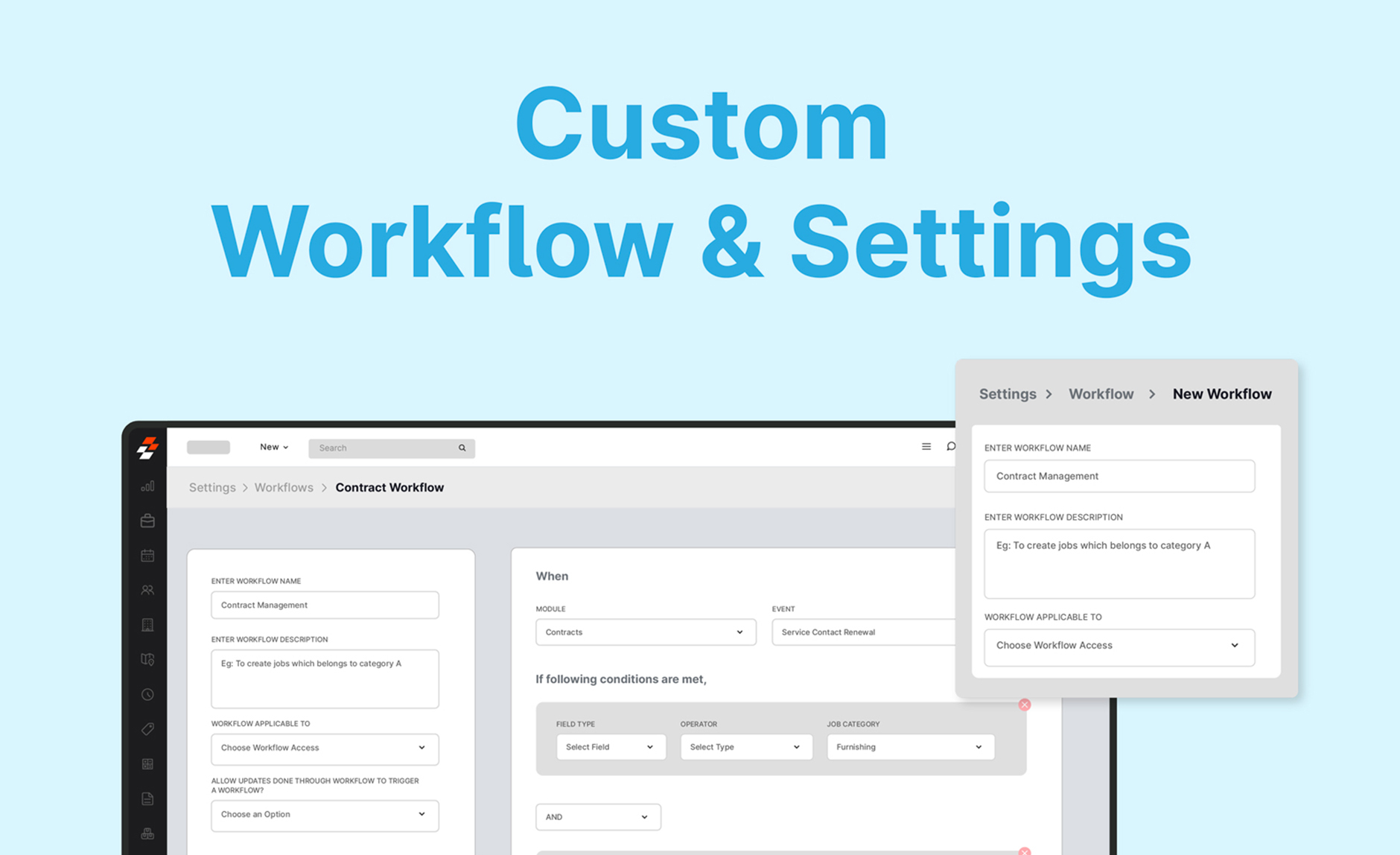 Zuper workflow settings panel showing contract management automation with module triggers and conditional rules