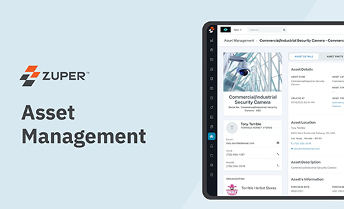 Zuper asset management dashboard displaying commercial security camera details, location, and organization info