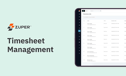 Zuper timesheet management dashboard showing employee time entries with names, job types, and work hours in a list view
