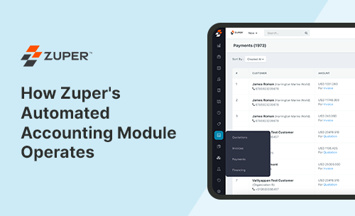 Zuper payments dashboard showing customer transactions with quick-access menu for quotes, invoices, and payments
