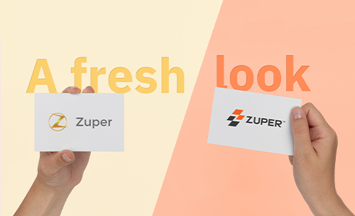 Zuper logo rebrand comparison showing old orange Z logo and new multi-colored angular logo design