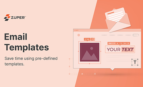 Email template editor interface showing image placeholder and text editing tools with envelope icon