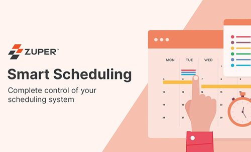 Hand pointing to calendar interface showing weekly schedule view with stopwatch for field service time management
