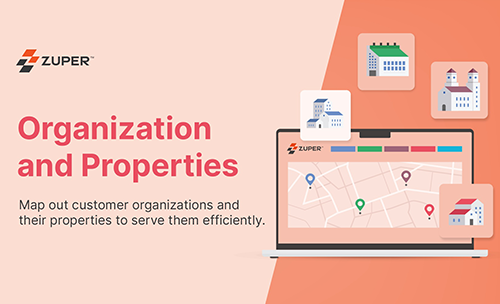 Zuper platform displaying a map with customer organization locations and property types for field service management