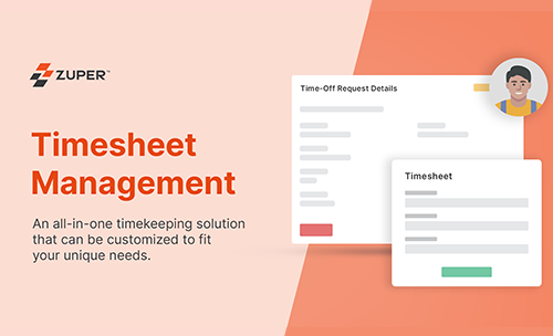 Zuper timesheet management interface showing time-off request details and employee timesheet approval cards
