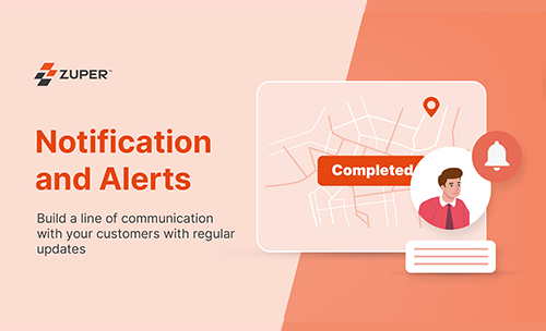 Zuper notification alert showing completed job status with technician avatar and map location pin