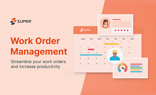 Zuper work order management dashboard with weekly calendar, technician profile, customer rating, and productivity gauge
