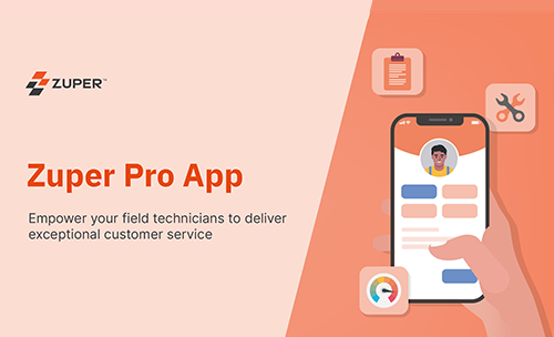 Zuper Pro mobile app interface showing technician profile with checklist, tools, and performance tracking icons