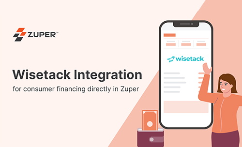 Zuper mobile app displaying Wisetack consumer financing integration with payment plan options