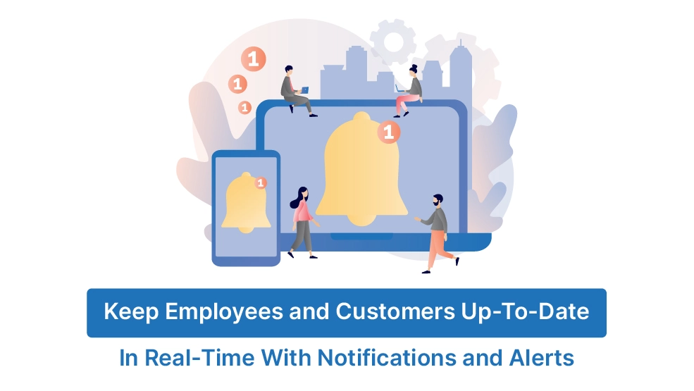 Real-time notification alerts displayed on mobile and desktop devices with bell icons and badge counters