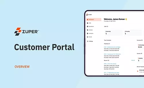 Zuper customer portal dashboard showing job list, scheduling details, and service status for user James Roman