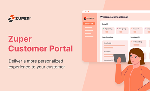 Zuper customer portal dashboard showing job status, schedule, and invoice widgets for user James Roman