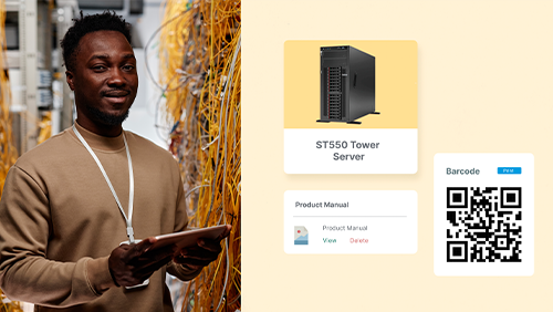 IT technician holding tablet in server room with ST550 Tower Server product card and QR code