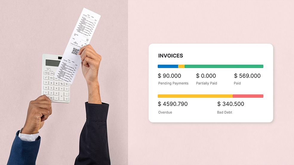 Invoice dashboard showing payment status breakdown with pending, paid, overdue, and bad debt totals