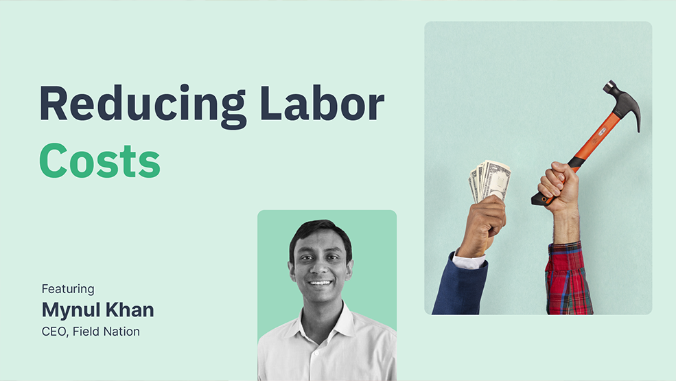 Mynul Khan, CEO of Field Nation, with hands holding cash and a hammer representing labor costs
