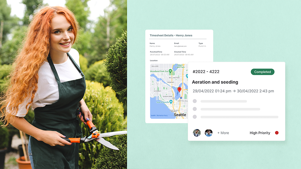 Landscaper with pruning shears beside Zuper timesheet and completed aeration job card with GPS location tracking