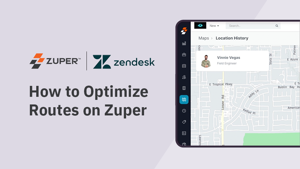 Zuper route optimization map showing field engineer Vinnie Vegas location history and service area