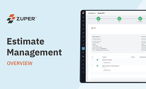 Zuper estimate management dashboard showing quote #17 with billing details, service items, and approval status icons