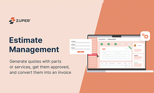 Zuper estimate management dashboard showing quote creation with parts, services, and approval workflow