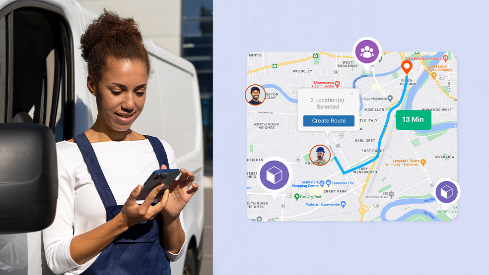 Delivery driver using mobile app to create optimized route with real-time location tracking and 13-minute ETA