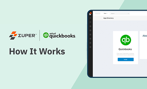 Zuper and QuickBooks integration setup screen in the App Directory with Install button