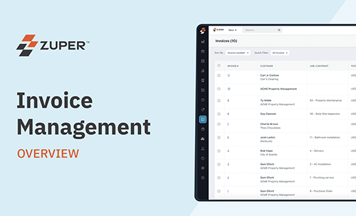 Zuper invoice management dashboard showing customer invoices list with filtering options and job details