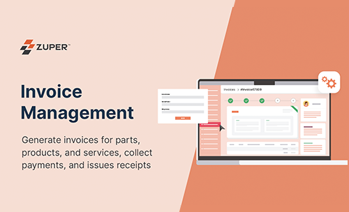 Zuper invoice management dashboard showing invoice details with line items, status indicators, and payment options