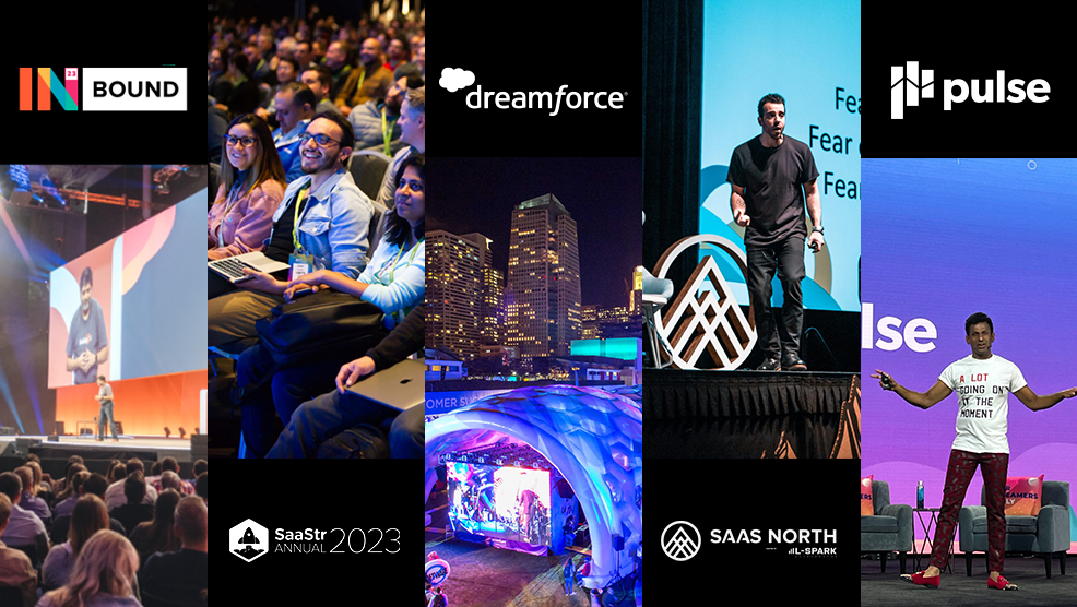 Tech industry conference logos and event photos featuring INBOUND, Dreamforce, Pulse, SaaStr Annual 2023, and SAAS North